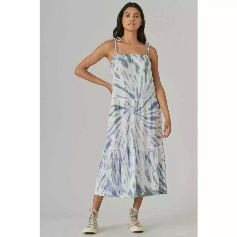 Lucky Brand Women's Blue Tie Dye Tiered‎ Midi Dress. Size S Boho Beachy